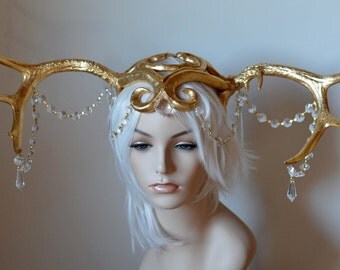 Golden Stag Headdress, art noveau, gilded deer antlers, chandelier crystals