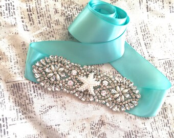 Beach Wedding Sash Belt, Sarfish Sash, Starfish Bridal Belt, Beach Bridesmaids Sash, Aqua Sash, Bohemian Sash Belt, Blue Sash Belt