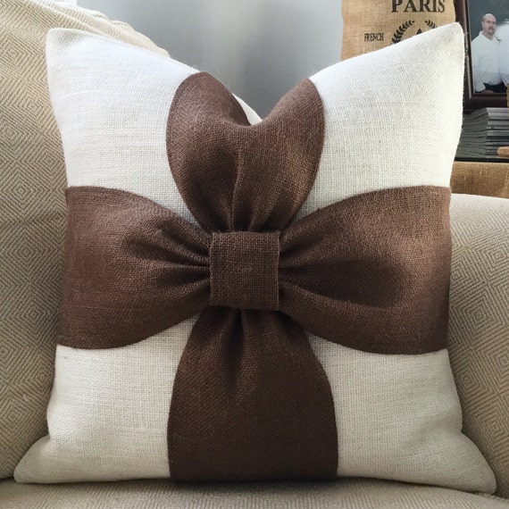 Burlap bow pillow cover in off white and brown burlap 18x18