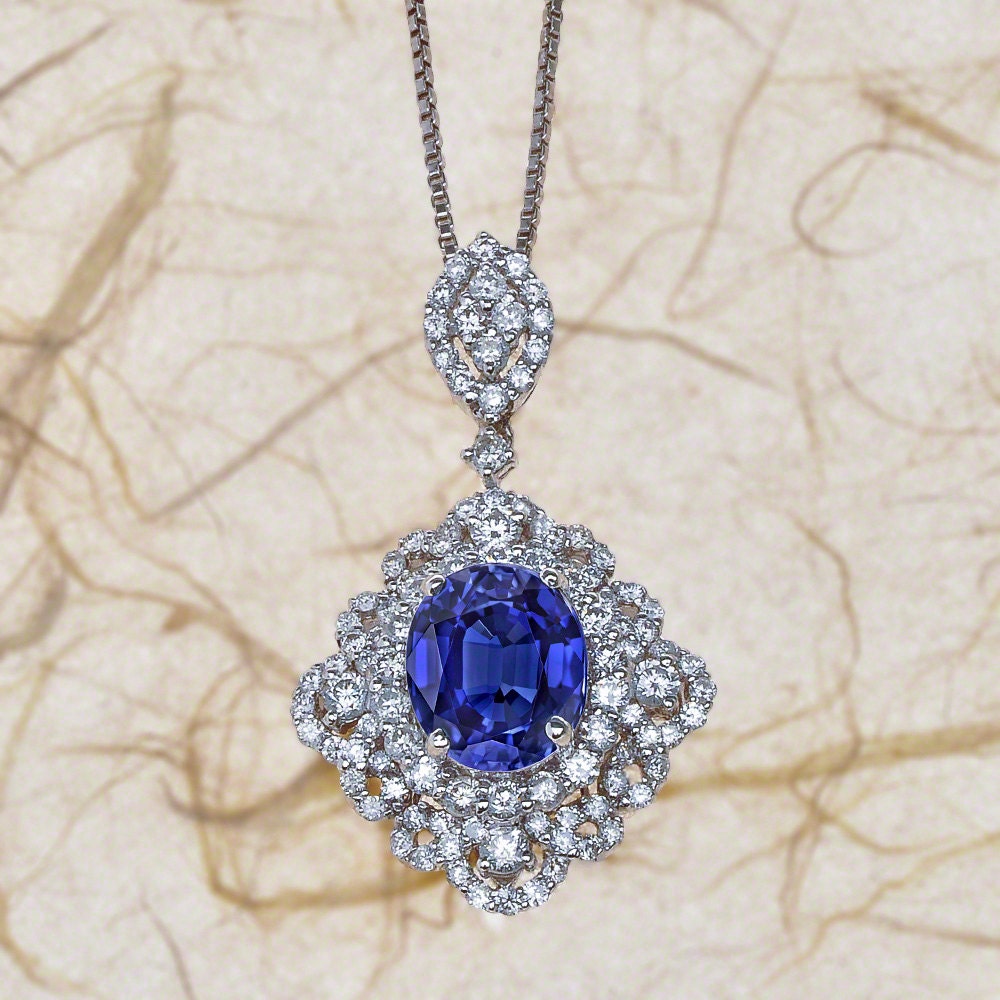 Blue Sapphire Pendant Necklace White Gold Lab Grown Blue