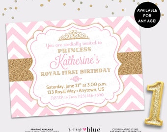 Princess Birthday Invitation Pink Gold Chevron Pattern Gold Glitter Little Princess Party Invitation Girl First Birthday - Digital File