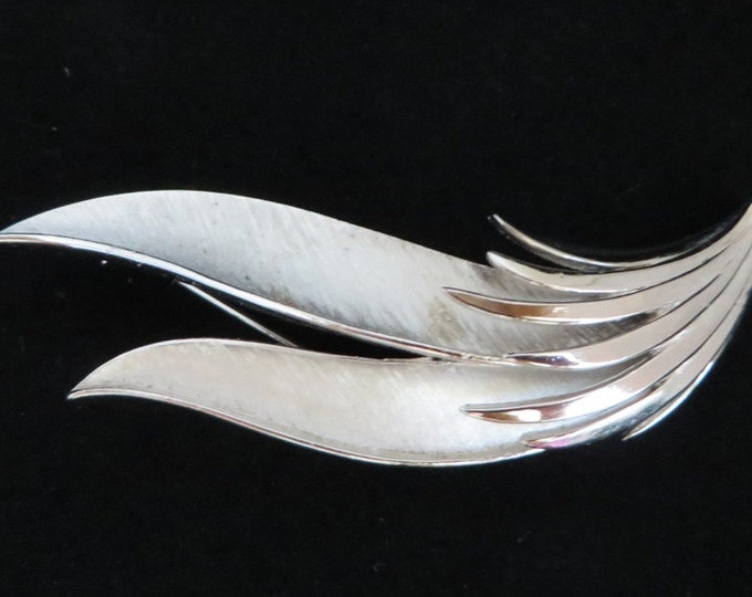 Trifari Leaf Brooch, Vintage Silver Tone Curved Leaf Matte Finish Signed Trifari Pin