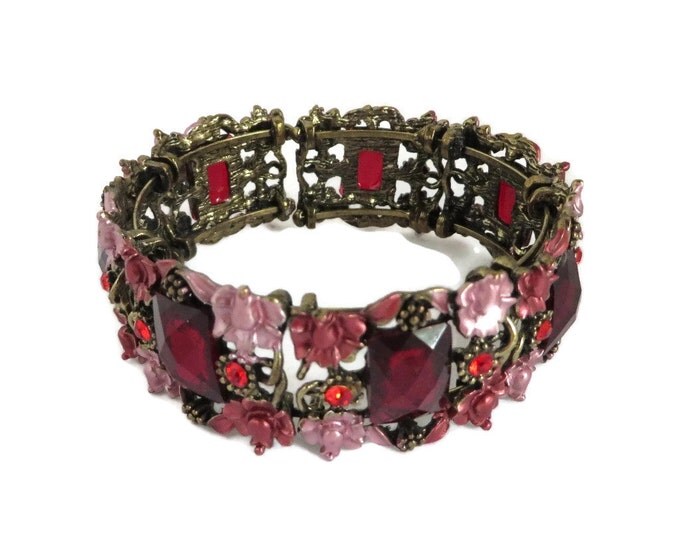 Vintage Red Rhinestone Flower Bracelet, Red and Pink Floral Bangle