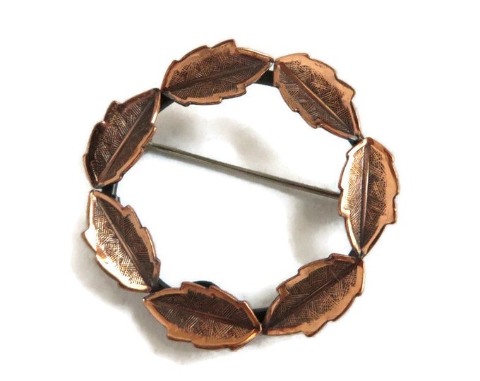 Copper Circle Brooch, Vintage Copper Leaf Pin, Copper Wreath Brooch, Genuine Copper Jewelry, Bell Copper