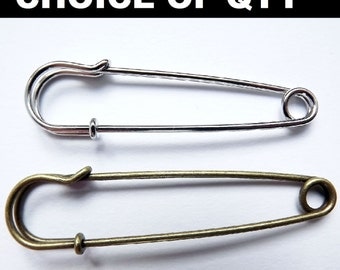 Large Kilt, Safety Pins, No Loops, brooch making jewelry - Silver & Antigue bronze