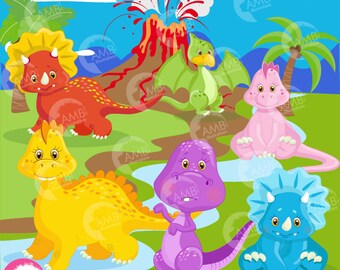 Dinosaur clipart, baby dinosaur, dinosaur digital clipart, Volcano, background, digital clipart, Commercial Use, AMB-1203