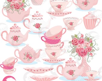 Tea time clipart, Teapot, Tea Party Clipart, Tea pot, tea time, Teatime Pink Roses clipart for scrapbooking, commercial use, AMB-961