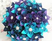 Paper Flower Bouquet Purple Aqua Peacock Eye Feather Teal Blue Paper lace goth halloween theme origami Kusudama pearl alternative silk foam