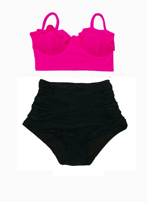 Hot Pink Midkini Top and Black High Waisted Waist Vintage