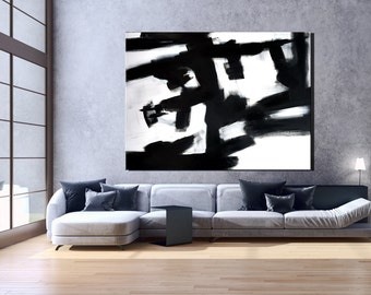 Large Abstract Black and white Canvas Wall by ModernArtHomeDecor