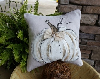 Farmhouse Fall Art, Farmhouse Fall, Fall Pumpkin Pillows, Fall Pillow Cover, Painted, Cover, White Pumpkin, Burlap Bow, Rhinestone Button