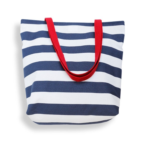 Canvas Tote Bag in Classic Navy Blue and White Cabana Stripe