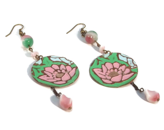 Hand Painted Lotus Blossom Pink & Green Shoulder Duster Earrings, Nickle Free Ear Wires, Hypo Allergenic, One of a kind, OOAK