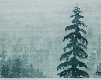 Original Watercolor Painting Misty Forest - 4x6"
