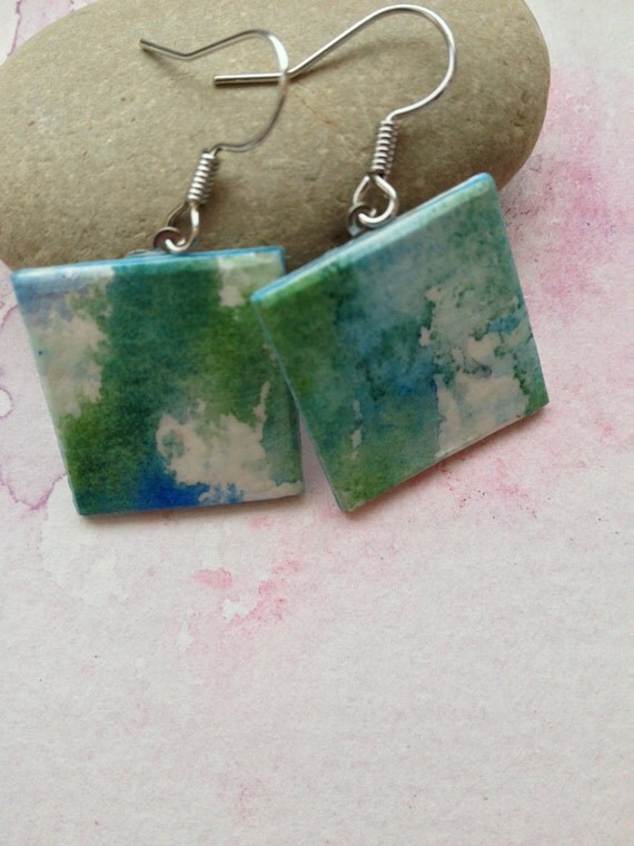 Green Blue Watercolor Earrings Hand Painted Watercolor