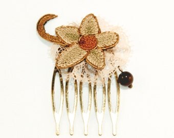 Peigne art déco en broderie vintage - Fleur de dentelle rose et bronze - Perle de verre