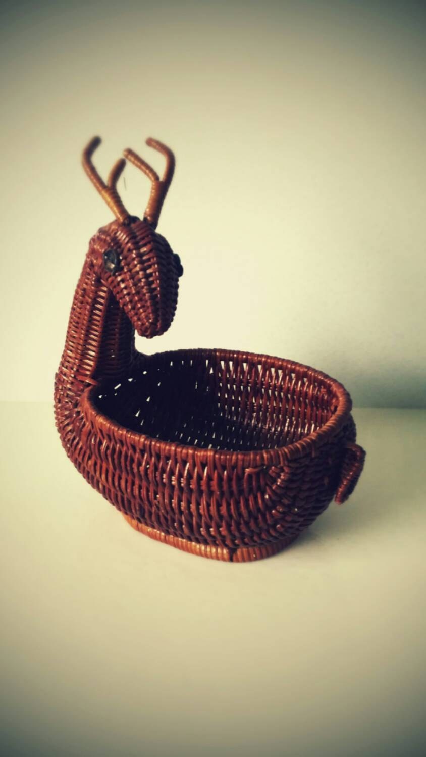 Vintage Wicker Figural Deer Basket Rustic Woven Rattan Animal