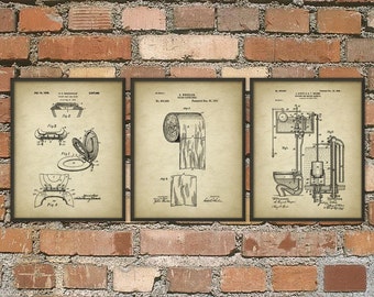Toilet Inventions Patent Print Set Of 3 - Bathroom Poster - Restroom Wall Art - Bathroom Print - Lavatory - Toilet Roll - Toilet Design