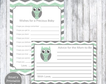Mint Green Owl Baby Shower Wishes & Advice Cards - PRINTABLE - Chevron - Instant Download - Baby Shower Games - Gender Neutral - Grey Gray