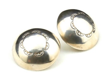Vintage Navajo Sterling Silver Round Dome Earrings Stamped Design Soutwestern
