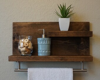 Modern Rustic 2 Tier Bathroom Shelf with 18" Satin Nickel Finish Towel Bar