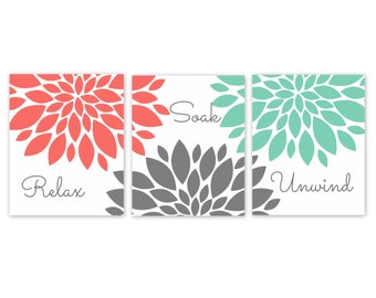 Bathroom Wall Art Relax Soak Unwind Home Decor Bathroom Wall Decor Bathroom Pictures Set of 3 Botanical Prints Coral Grey Green White