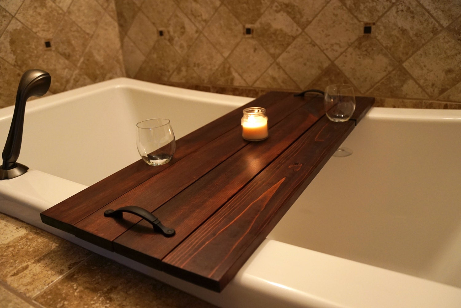 Custom Bathtub Caddy W/ Double Wine Glass Holders & Handles