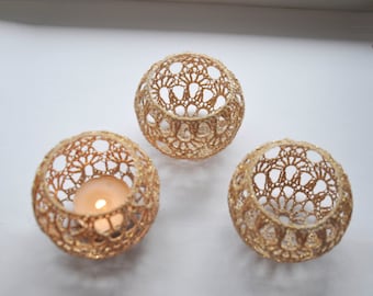Crochet Candle Holders Wedding Table Centerpiece Set of 5, Wedding Lighting, Gold Table Decor, Party Wedding Decoration