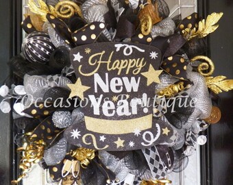 New Year's Wreath, New Year's Eve Party Decoration, Front door Wreaths, Deco Mesh Wreath, Door Hanger, Happy New Year