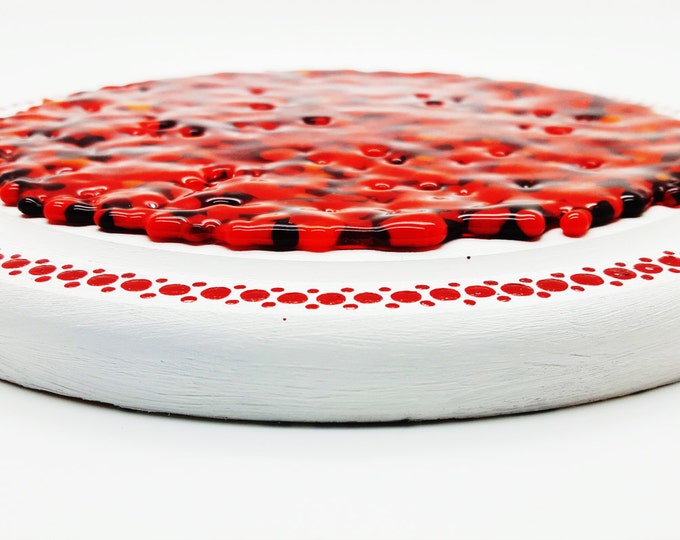 Red casserole/plant stand. Fused glass / wood round pot stand. Table centre, condiment holder. Pan stand. Housewarming gift. Home decor