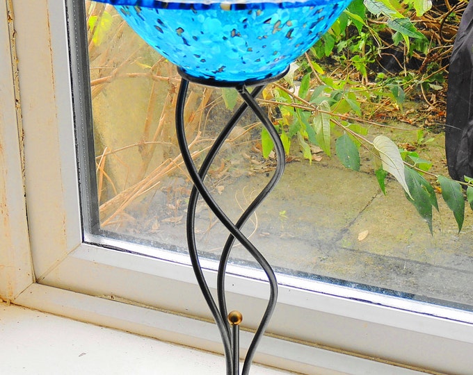 Round blue fused glass bowl, floating candle holder on metal stand, fruit dish. Decorative bowl. Home decor. Garden ornament. Wedding gift