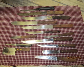 Vintage lot of 14 Kitchen knives Wooden Wood Handles Assortment Geneva Tempered Japan Stainless Steel Imperial Regent Sheffield Lot