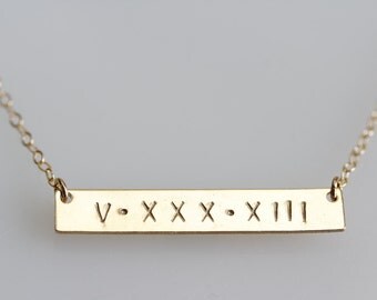 ROMAN NUMERAL NECKLACE, Gold Bar Necklace, Gold Date Bar, Date Necklace, Initial Bar, Name necklace, Horizontal bar pendant, Monogrammed bar