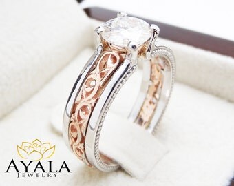 Unique Art Deco Engagement Ring 14K Two Tone Gold 1 Carat Moissanite Ring Art Deco Moissanite Engagement Ring
