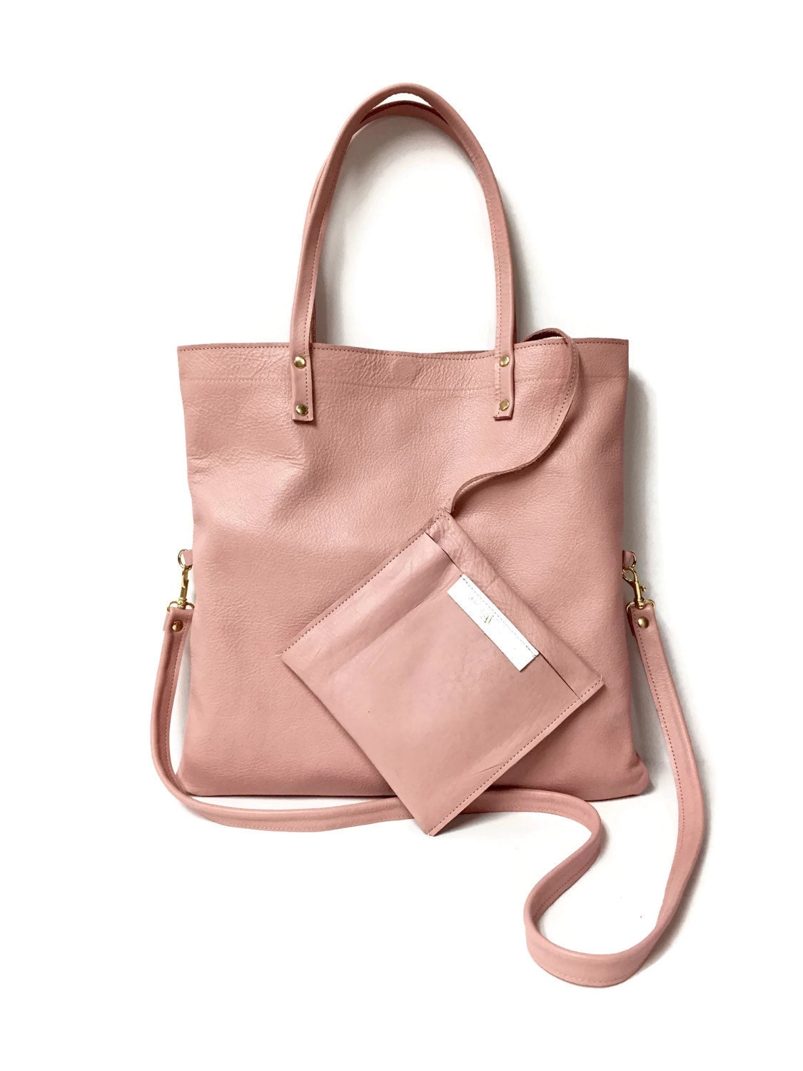 Leather tote bag in pink // minimal cross by AngelaValentineBags