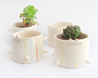 Ceramic Chubby Cat Planter. Chubby Cat Bowl, Decorated with Multicolor Stripes. Ready To Ship