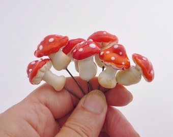 Red Toadstools , mushrooms for terrarium, potted plants or fairy garden. Artisan lampwork,