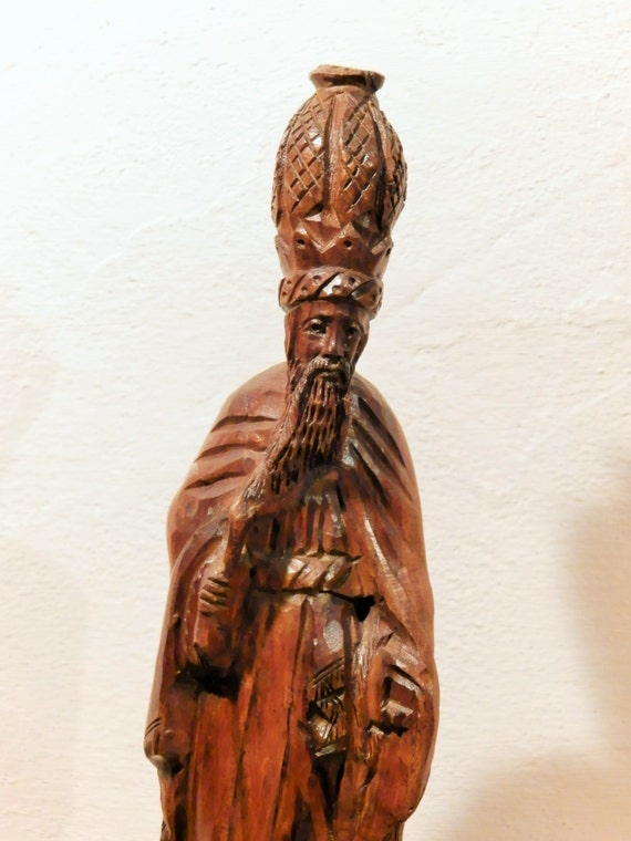 Antique French Carved Wood Saint. Carved Church Wooden Statue.