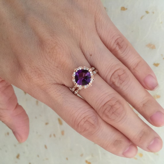 Rose Gold Wedding Set Amethyst Engagement Ring and Scalloped
