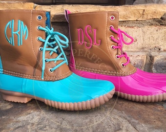 Turquoise Monogrammed Duck Boots
