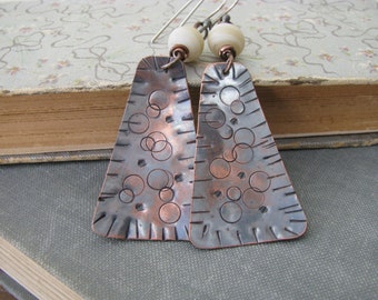Large tribal earrings, copper earrings, hand forged copper shield, sterling silver, rustic mixed metal earrings, artisan metalsmith jewelry