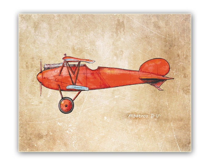 Airplane decor Old paper wall art Vintage airplane prints Military red airplane Albatros Retro aircraft on vintage paper Boys nursery