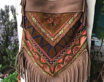 Big boho chic tote bag with antique tribal embroidery and