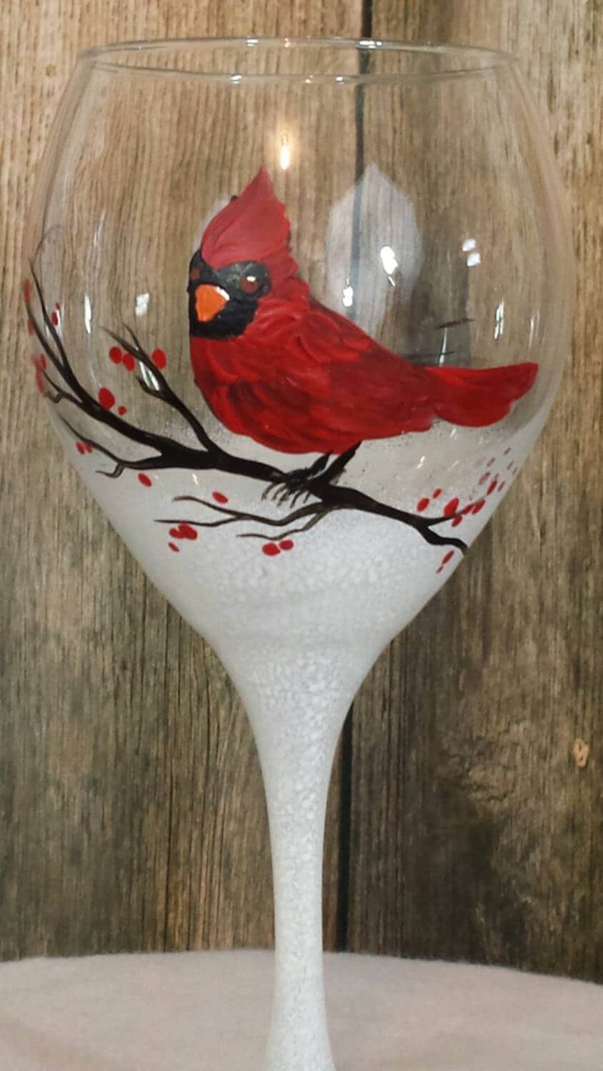 hand painted Christmas wine glass cardinal by TheMuseCreations