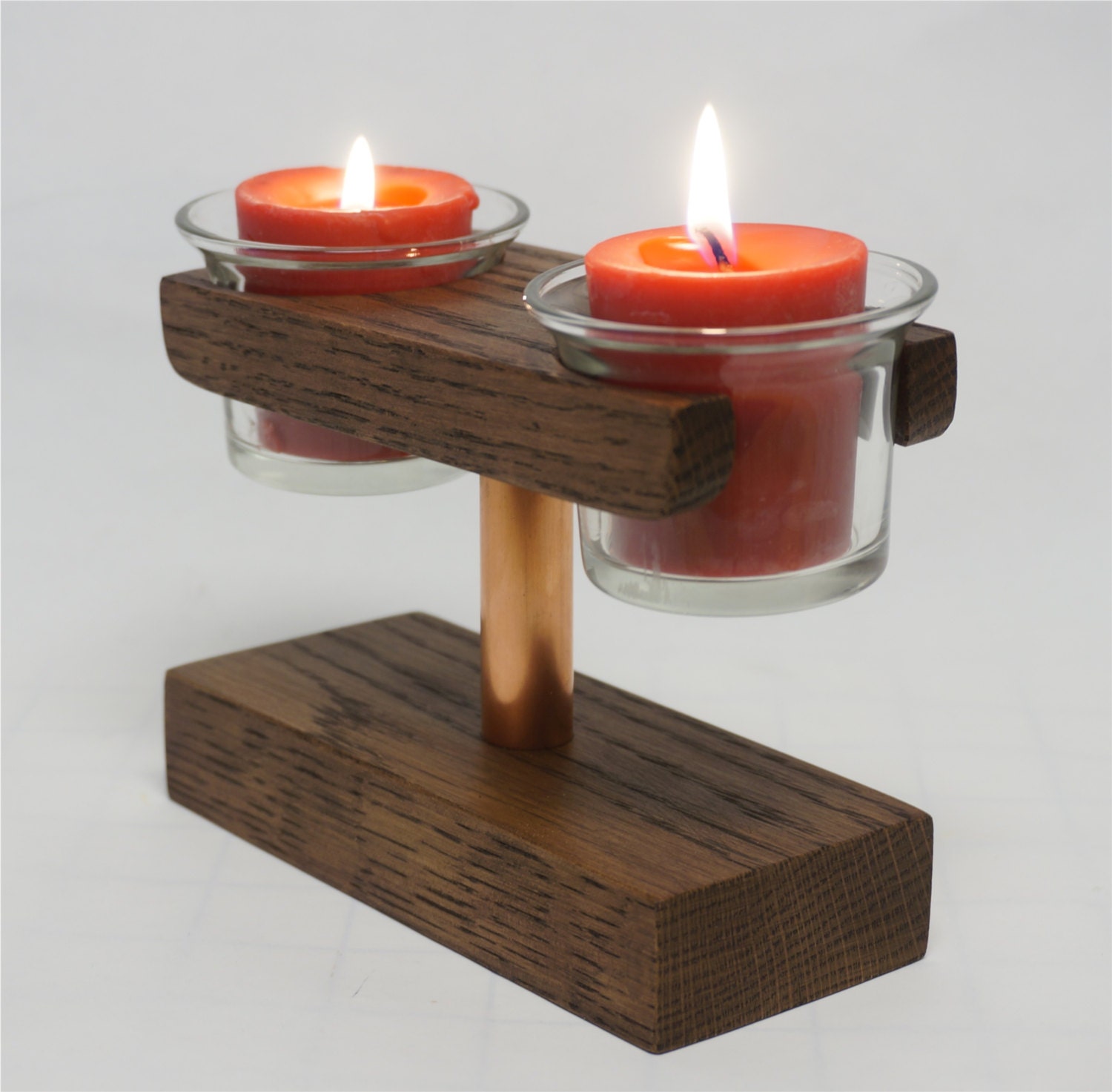 Table Top Double Votive Candle Holder Oak with Copper