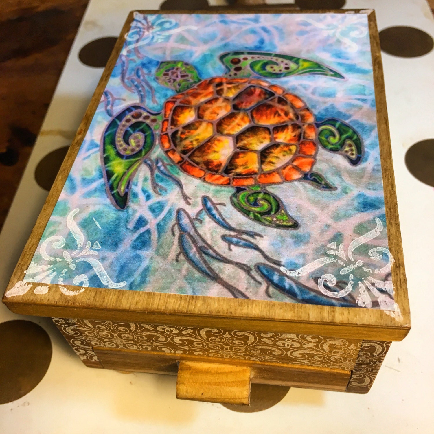 Vintage Sea Turtle Jewelry Box Handcrafted Wooden Jewelry