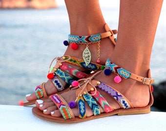sandals, gladiator leather sandals, friendship bracelets, pom pom sandals "Betty Boop"