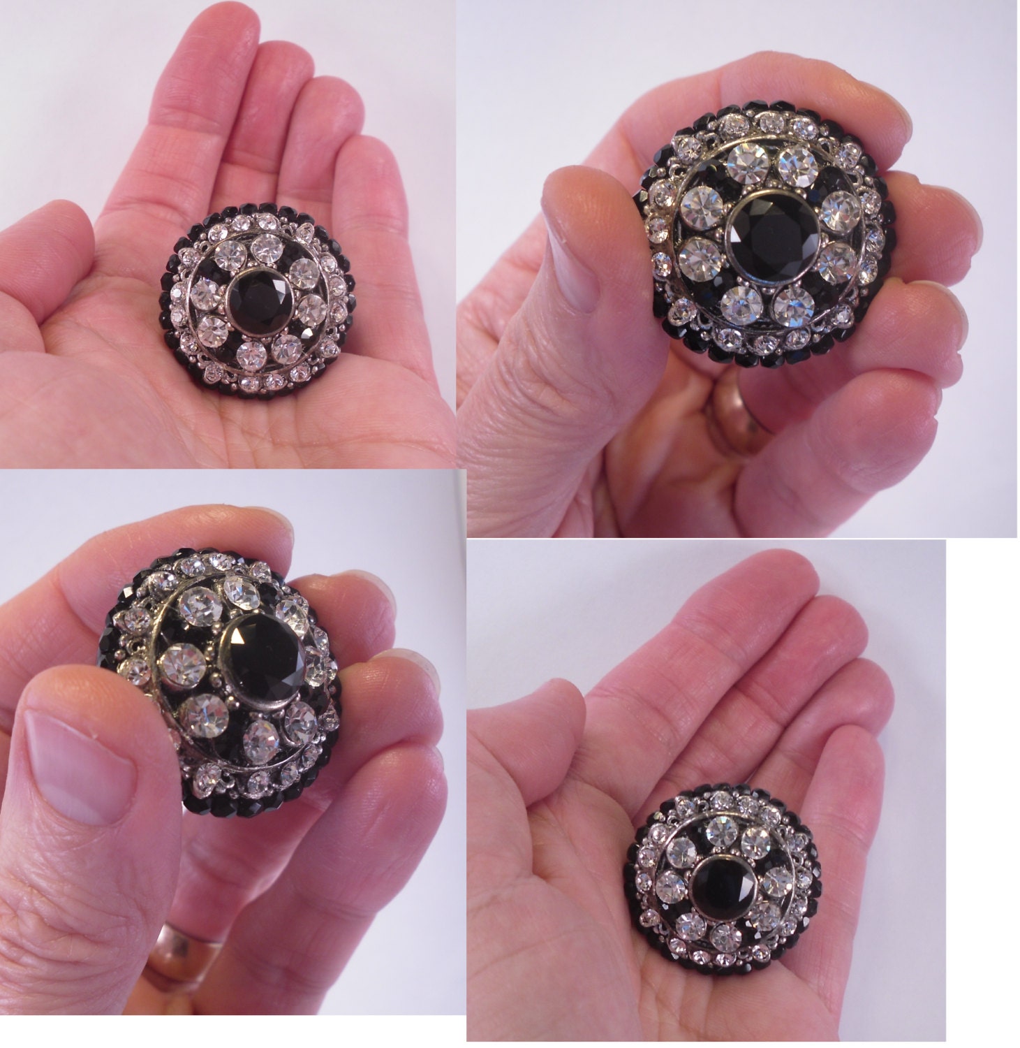 Beaded Jeweled Knob Silver & Black with Swarovski
