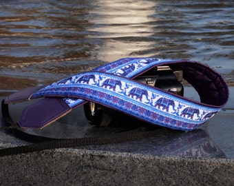 Dark purple camera strap for women and men. Lucky elephants camera strap. DSLR/SLR Cute camera neck strap by InTePro