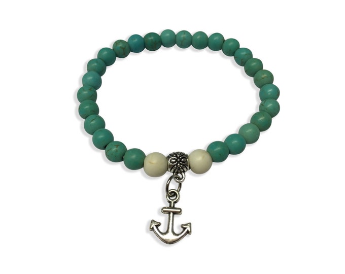 Turquoise Bracelet, Anchor Bracelet, Turquoise Cuff Bracelet with Anchor, White Beads